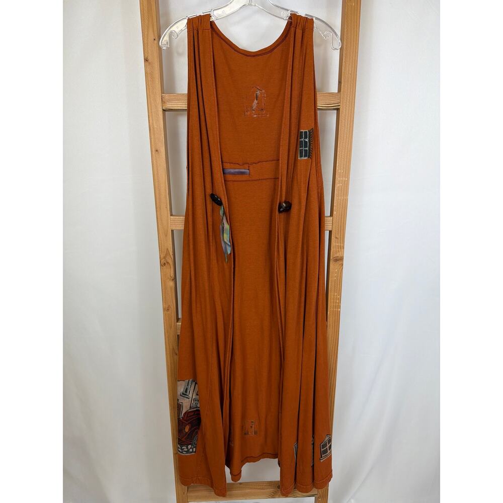 Vintage Bluefish Orange Screen Print Ribbon Tie Duster Cardigan Lagenlook USA